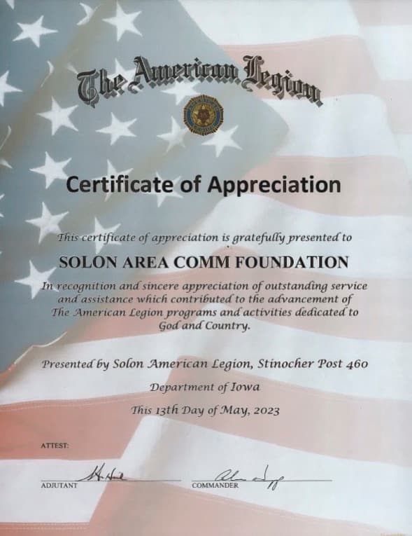Solon Area community Foundation American Legion Certificate of Appreciation